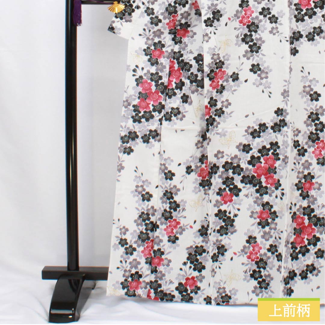 浴衣 木綿 身丈165.5cm 裄丈63.5cm Sランク 単衣 白系 桜 蝶 ラメ 1118006102511