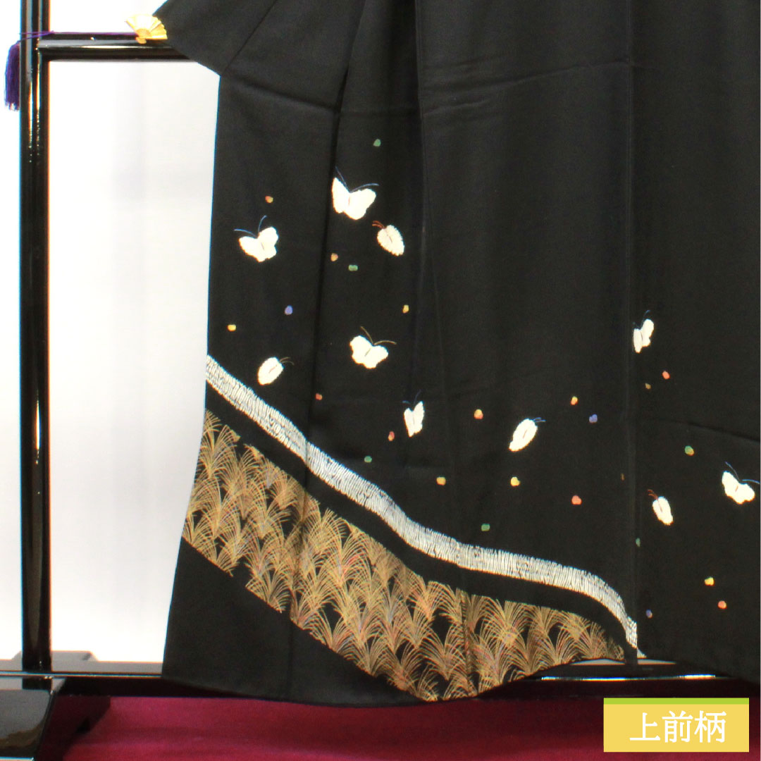訪問着 正絹 袷 身丈157.5cm 裄丈63.5cm 絞り 蝶 Aランク 黒系 1112004393310