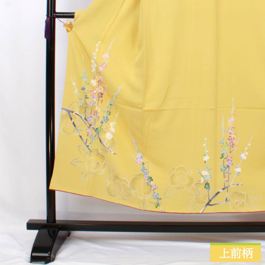 訪問着 正絹 Sランク 袷 身丈149.5cm 裄丈63cm 卵色（たまごいろ） 加賀友禅 手描き 峰山 作家物 草花 黄系 1112007262123