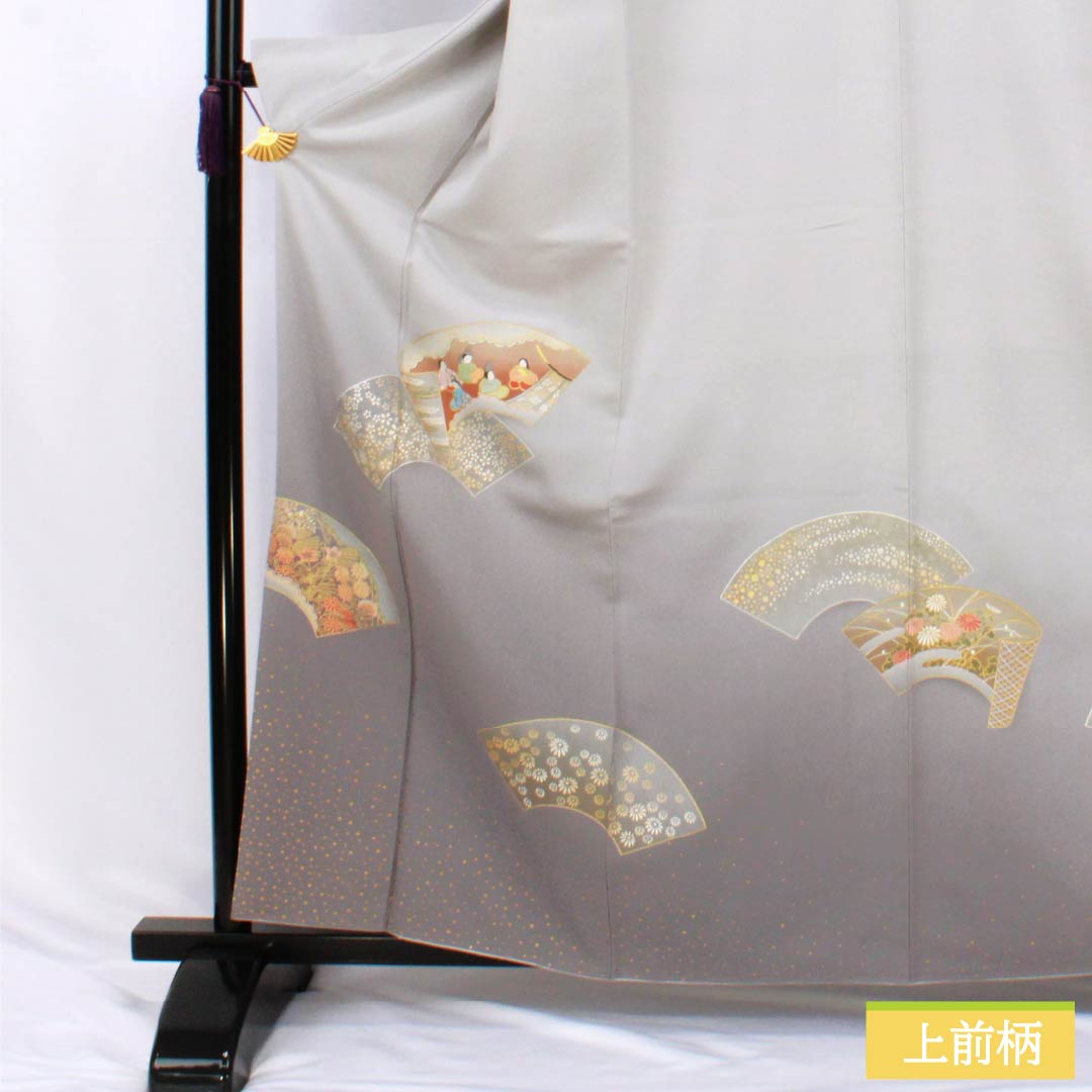Colored Tomesode, Length 162cm, Sleeve Length 65.5cm, Amethyst Color, Living National Treasure, Fukuda Yoshishige, Fan Surface, Swallowtail Butterfly, Pure Silk, S Rank, One Crest, Gray, 1111000432422