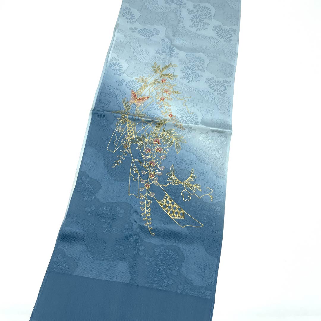 Obiage Silk B Rank Semi-formal Noshi-me Hana-iro Michinaga-dori Tanzaku Wisteria Length approx. 185cm Width approx. 29.5cm Blue 1136004594917