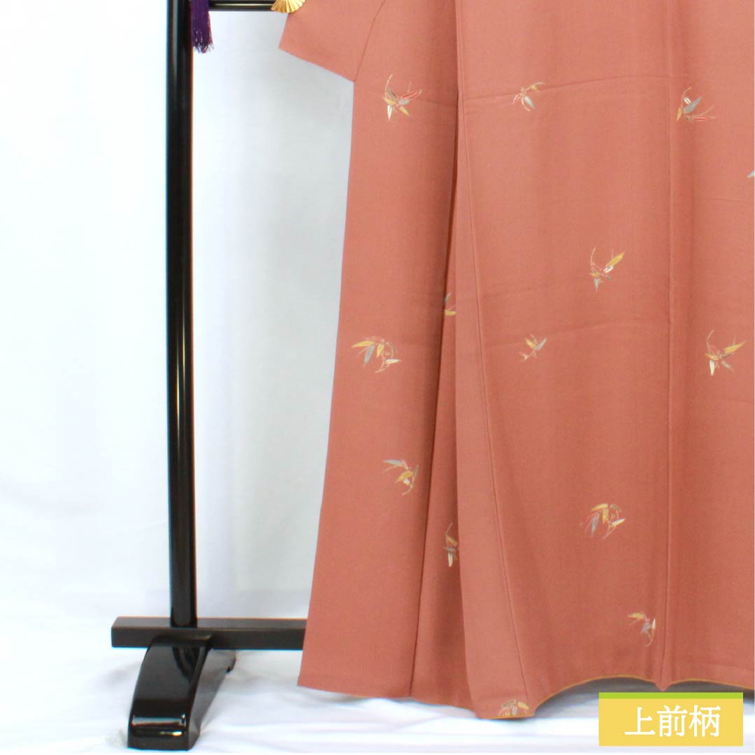 小紋 正絹 身丈163.5cm 裄丈66cm 袷 鴇浅葱色（ときあさぎいろ） 京友禅 笹の葉 パールトーン加工 Sランク 茶系 1115005742414