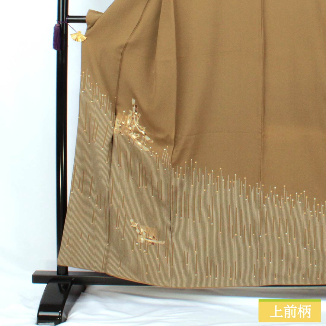 訪問着 正絹 Bランク 袷 身丈158.5cm 裄丈66cm 桑染色（くわぞめいろ） 一つ紋 三ツ松 熨斗 梅 菊 茶系 1112007324314