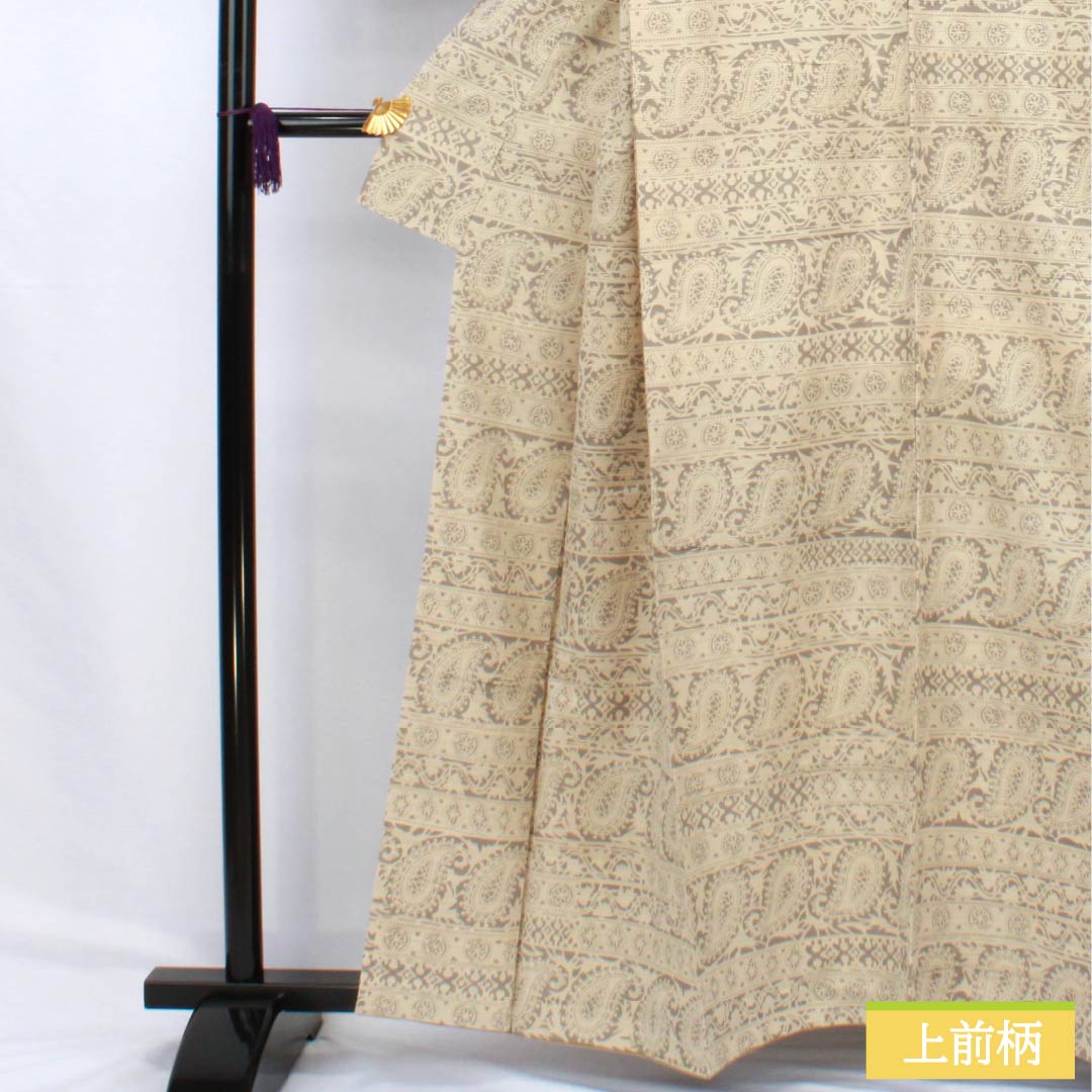 Komon silk S-rank kimono, length 160cm, sleeve length 65.5cm, lined, Tokyo white-brown (Tokyo shirachairo), paisley pattern, tsumugi fabric, silk guard, beige, product number 1115006772425