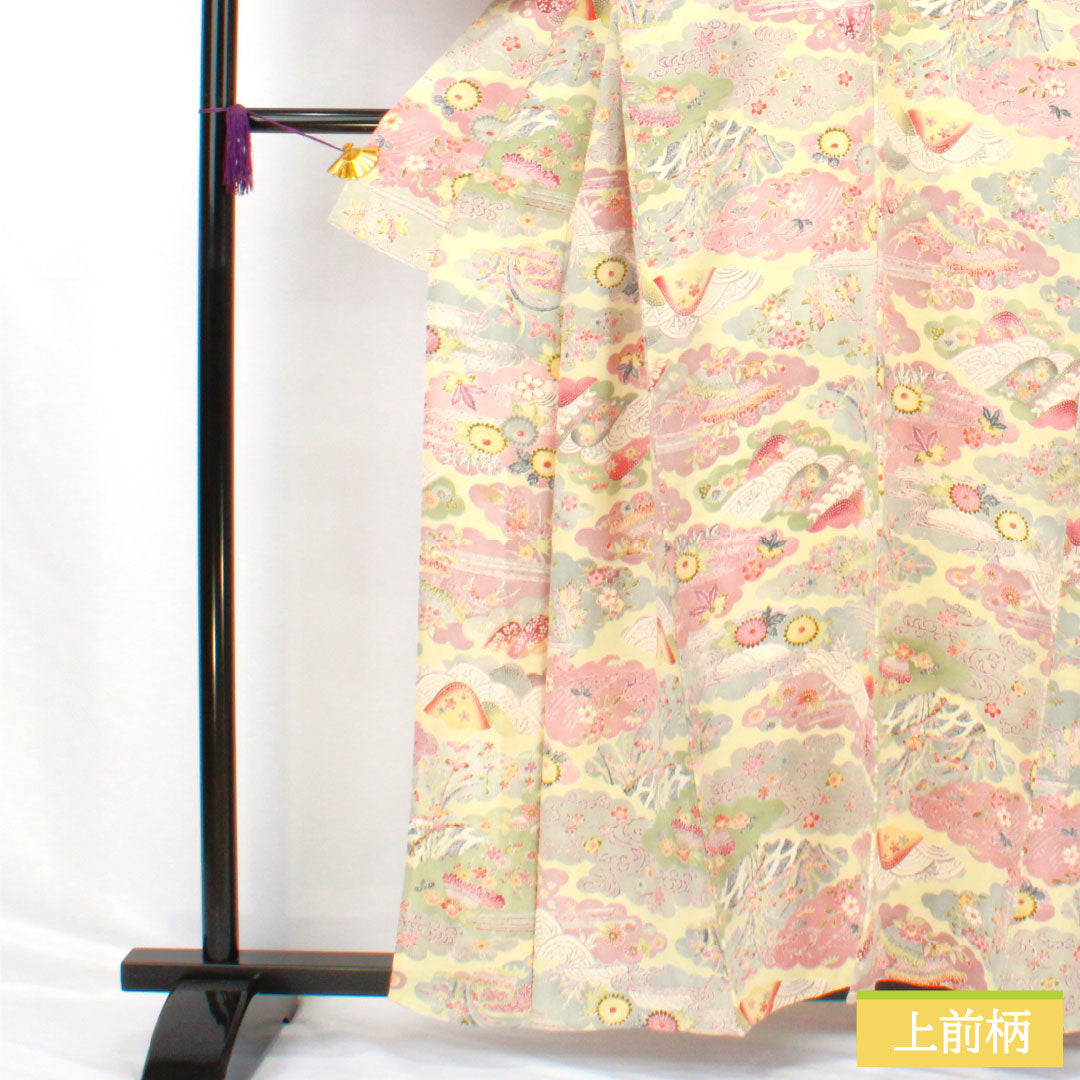 Komon silk, A-rank, length 156cm, sleeve length 58cm, single layer, pale yellow (usukihadairo), Kyoto Bingata, Chaya-Tsuji, cloud pattern, auspicious motif, cream-colored, product number 1115007593315