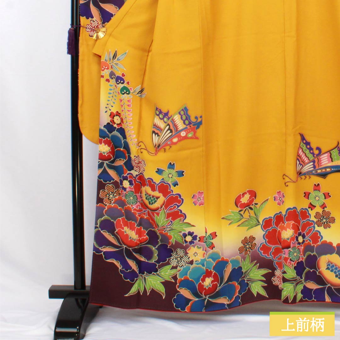 振袖 正絹 Aランク 身丈161.5cm 裄丈66cm 袷 山吹色（やまぶきいろ） 京紅型 宮崎染工 作家物 吉祥文様 牡丹 黄系 1113002513423