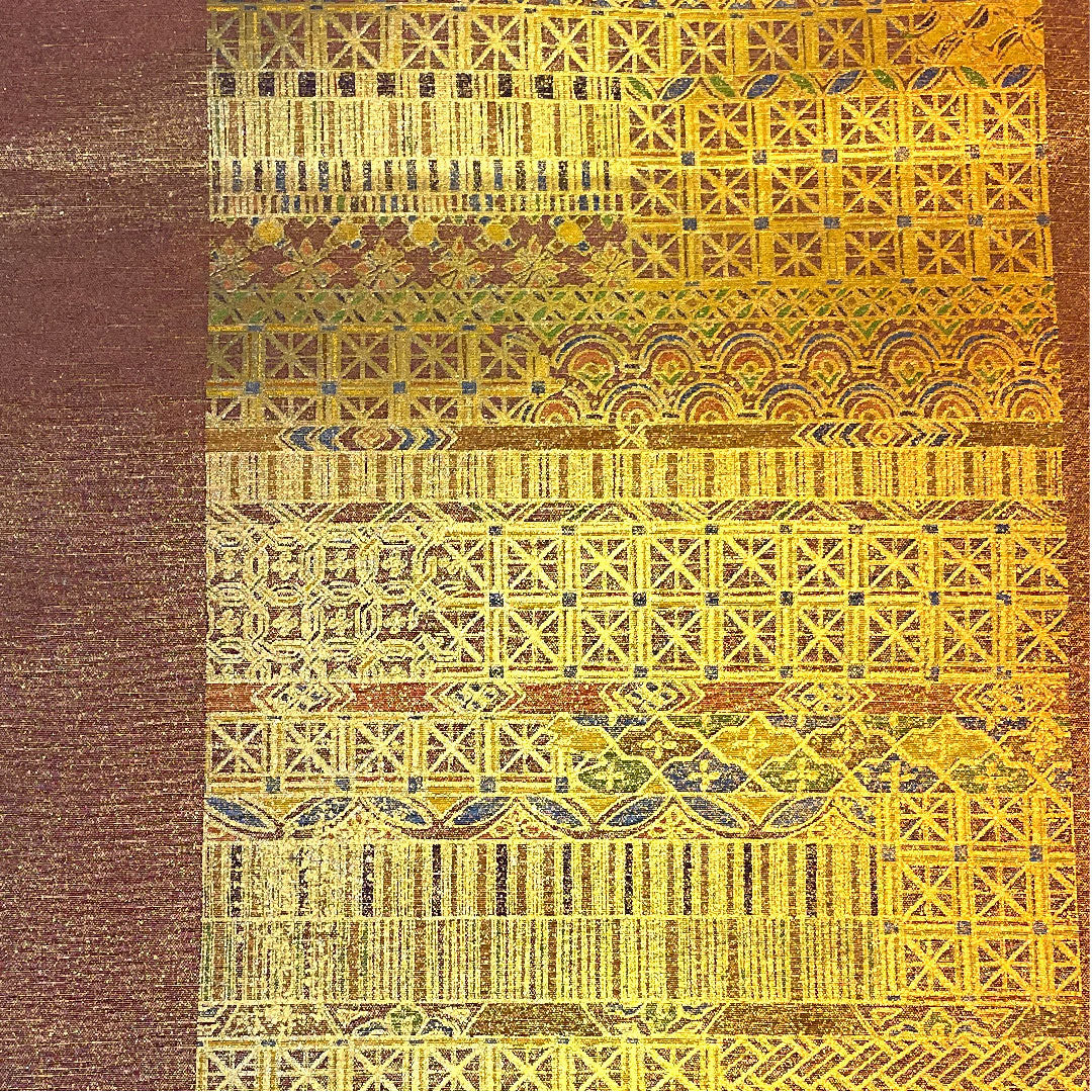 袋帯 七宝 麻の葉 染め帯 帯丈446cm 正絹 Sランク 全通 セミフォーマル 茶系 1123003392314