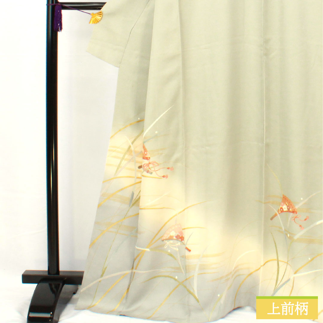 訪問着 正絹 袷 身丈167cm 裄丈62.5cm 白緑色（びゃくろくいろ） 京友禅 扇 露芝 Bランク 緑系 1112004934519