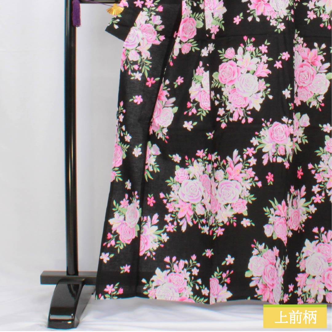 浴衣 木綿 身丈163cm 裄丈64.5cm Sランク 単衣 黒系 薔薇 ラメ 1118006062410