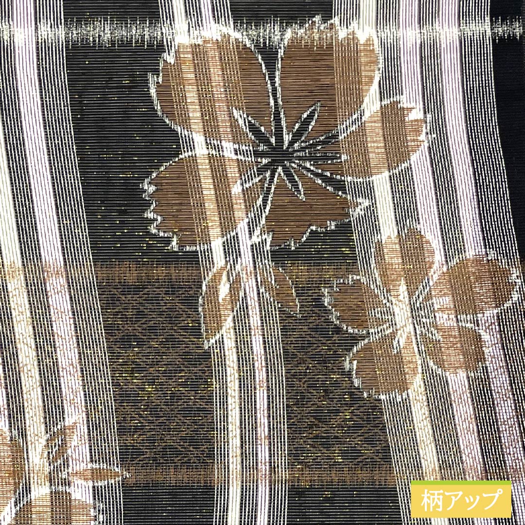 名古屋帯 正絹 リバーシブル 格子 桜 夏帯 帯丈370cm Sランク 全通 セミフォーマル 黒系 1124006802310 開き仕立て