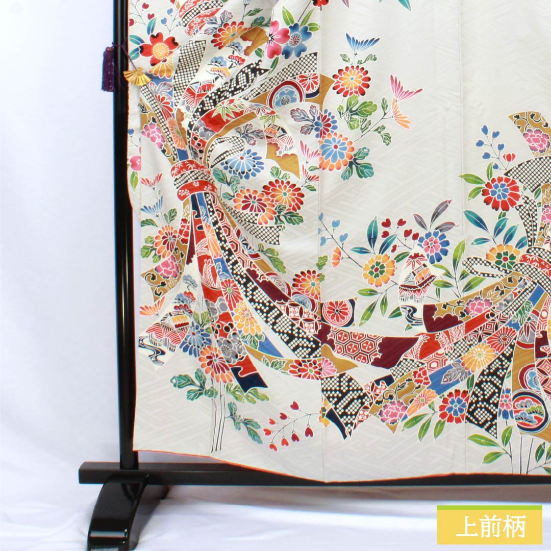 振袖 正絹 Sランク 身丈160.5cm 裄丈64cm 袷 銀白色（ぎんはくしょく） 京友禅 束ね熨斗 紗綾形 グレー系 1113002462422