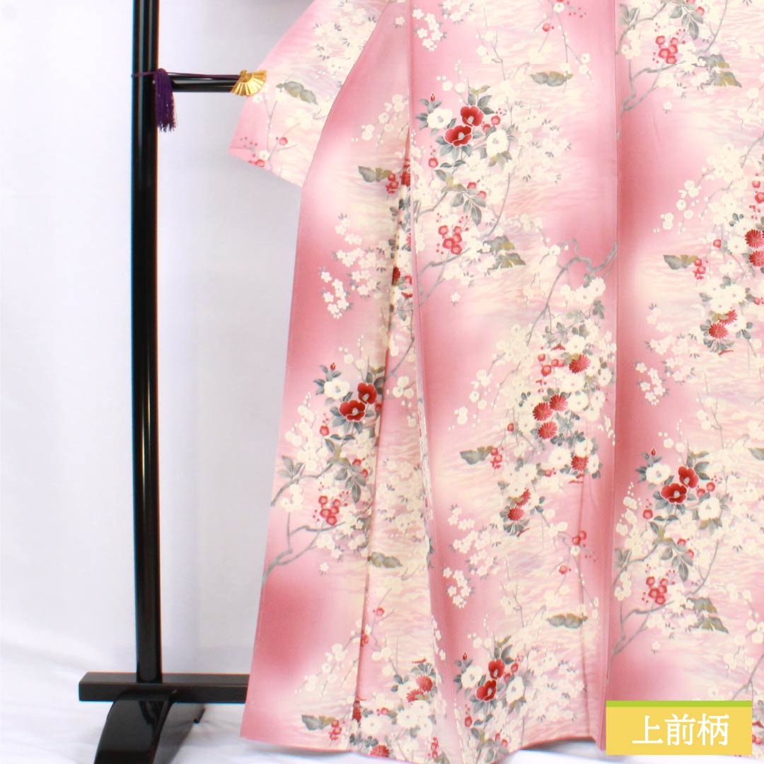 小紋 正絹 Sランク 身丈163cm 裄丈68cm 袷 一斤染色（いっこんぞめいろ） 京友禅 草花 しつけ糸付き ピンク系 1115007132413