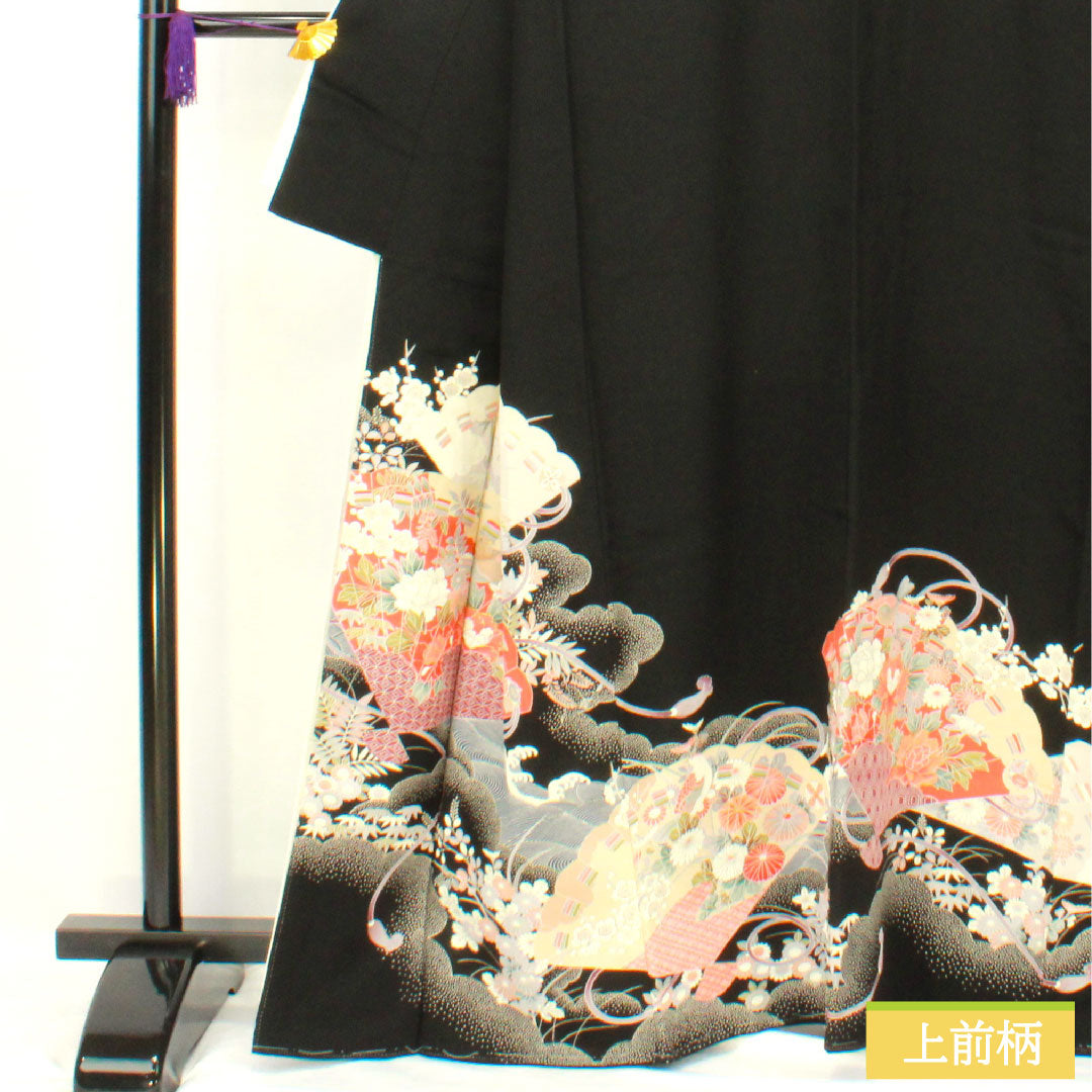 Black formal kimono, pure silk, length 164.5cm, sleeve length 63cm, lined, Kyoto yuzen, wave, fan, plum, five crests, five-three paulownia, A rank, black, 1111001523410