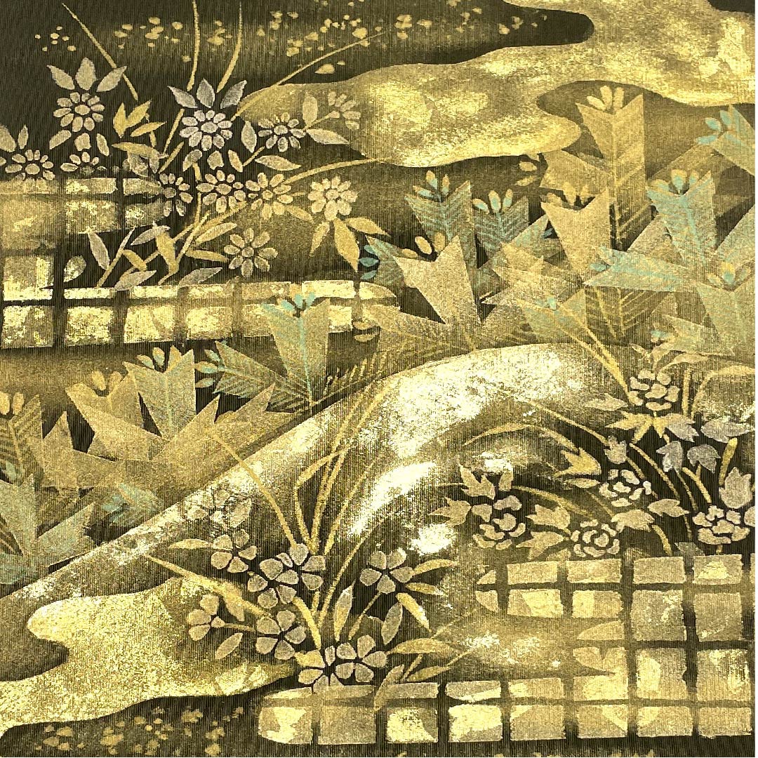 名古屋帯 黒橡色 花模様 作家物 帯丈366cm 正絹 Aランク ポイント柄 セミフォーマル 緑系 1124003813319  開き仕立て