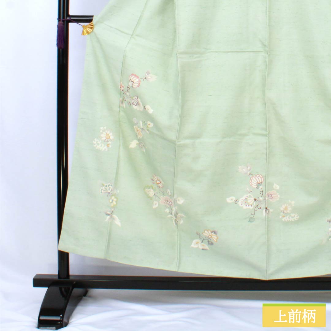 訪問着 正絹 Aランク 袷 身丈155cm 裄丈61cm 薄緑色（うすみどりいろ） 牛首紬 一つ紋 中陰蔦 草花 緑系 1112007533319