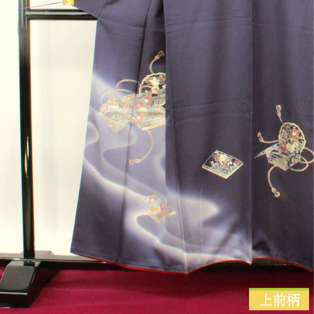 Homongi, pure silk, lined, length 157.5cm, sleeve length 66cm, dark blue, Kyo-Yuzen, multi-tiered box, braided cord, A-rank, navy blue, 1112004843318