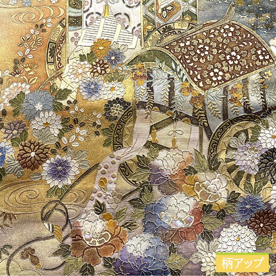 袋帯 正絹 生成り色（きなりいろ） 留袖用 螺鈿 引箔 御所車 帯丈446cm Aランク 六通 フォーマル クリーム系 1123014043315