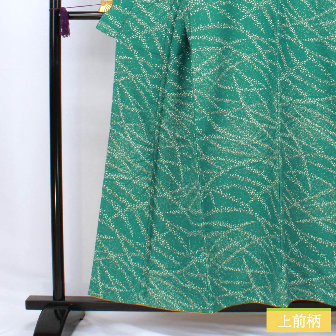 小紋 ポリエステル 身丈156cm 裄丈64cm 袷 中藍色（なかのあいいろ） ドット柄 洗える着物 しつけ糸付き Sランク 緑系 1115006222319