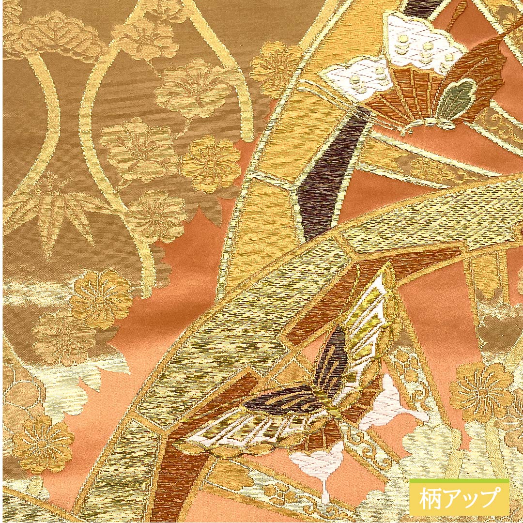 袋帯 正絹 鴇糸（ときいろ） 車輪 蝶 松竹梅 立湧 帯丈430cm Sランク 六通 フォーマル ピンク系 1123011762313