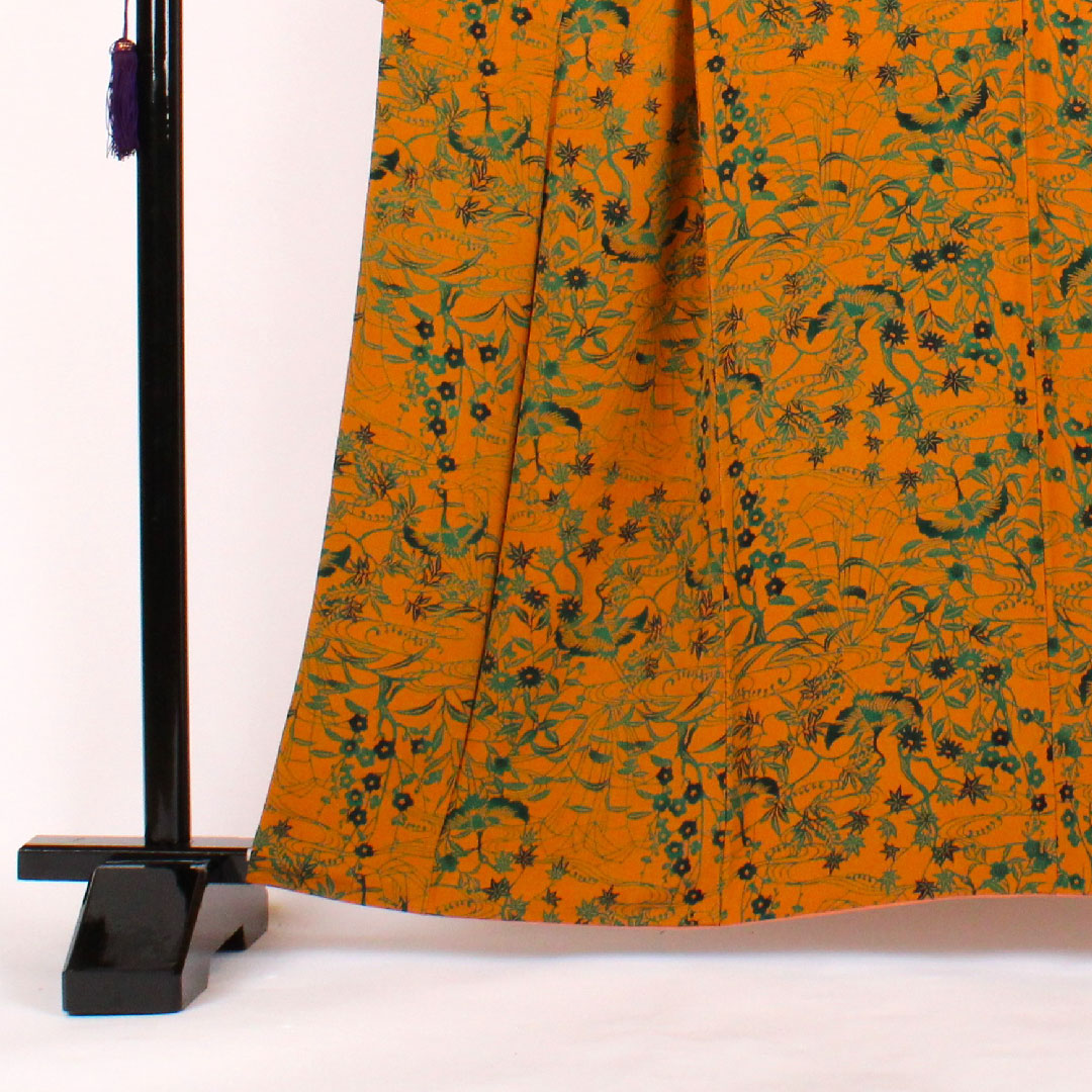 小紋 身丈161cm 裄丈63cm 袷 作家物 鶴に草花 型染 正絹 Aランク 茶系 1115000293314
