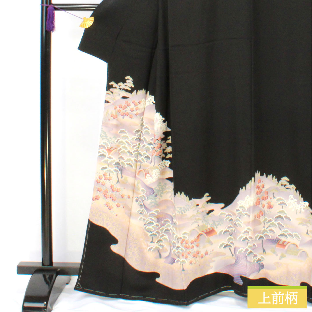 Black formal kimono, pure silk, length 162.5cm, sleeve length 62cm, lined, Kyoto yuzen, landscape pattern, five crests, sword and katabami, with basting thread, unused, S rank, black, 1111001572410