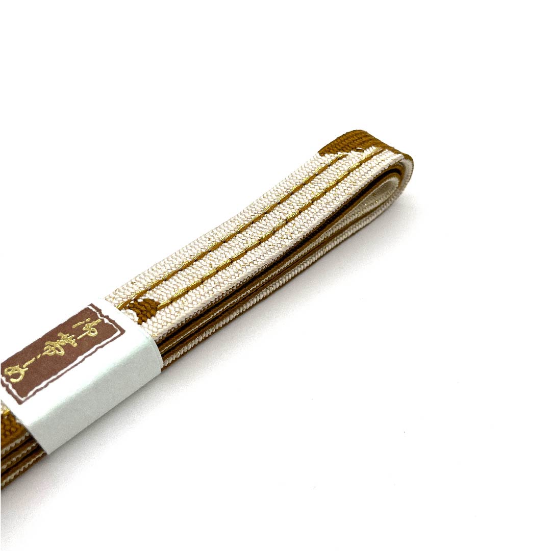 (New old stock) Obijime (sash fastener) Pure silk, quarter-length cord, yellowish brown, three-quarter-length gold and silver thread, Meikoan-made, hand-woven cord, length approx. 159cm, width approx. 1.5cm, semi-formal, S rank, brown, 1135001512914
