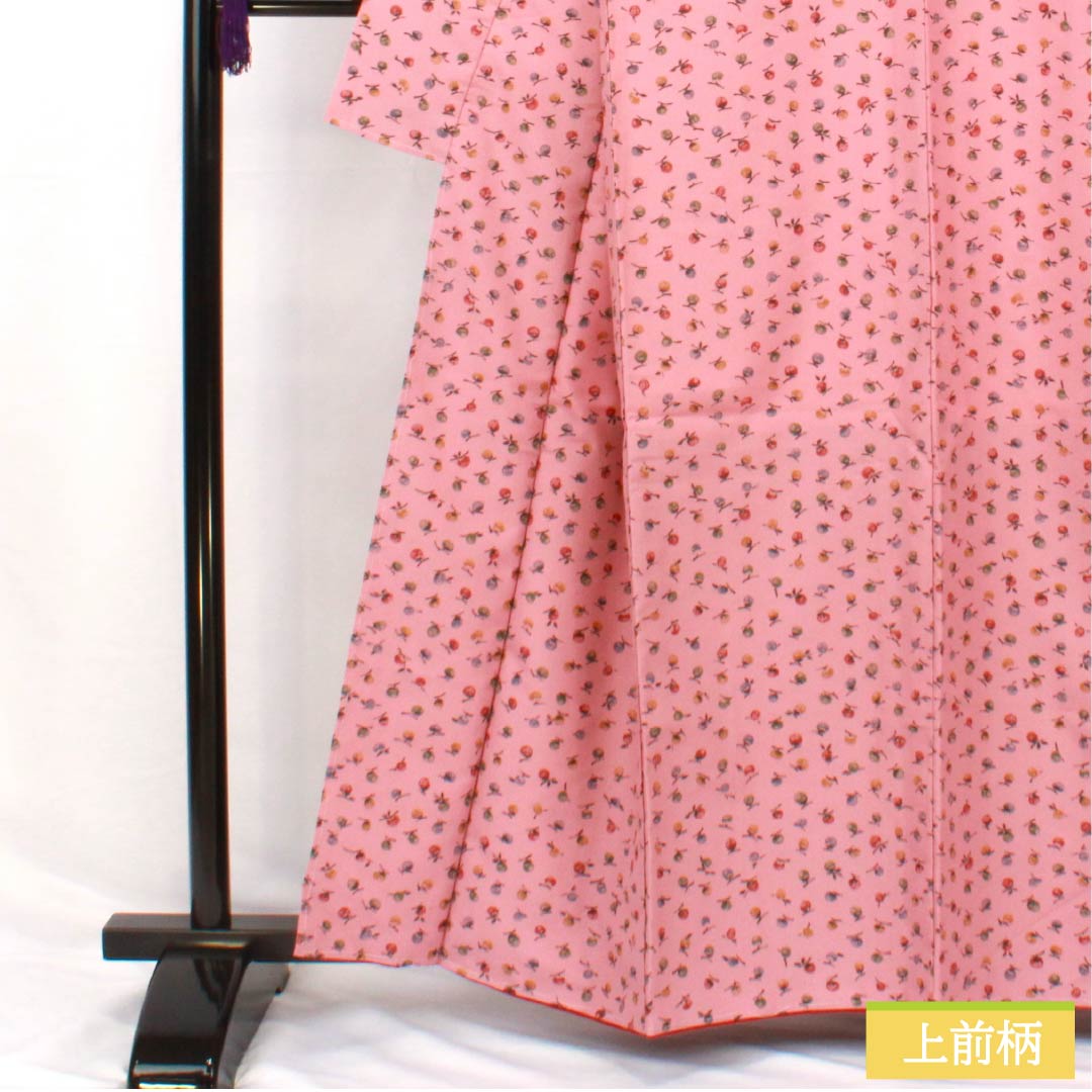 小紋 ポリエステル 身丈160cm 裄丈67cm 袷 一斤染色（いっこんぞめいろ） 型染 洗える着物 果実 しつけ糸付き Sランク ピンク系 1115005022413