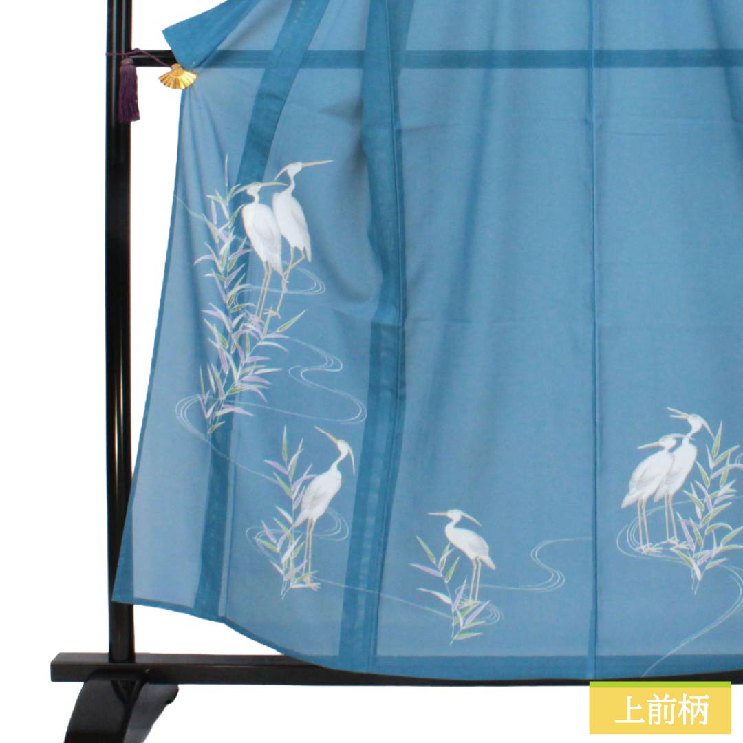 夏物 ポリエステル 付下げ Sランク 身丈157cm 裄丈67cm 甕覗色（かめのぞきいろ） 洗える着物 サギ 笹 絽 青系 1132006272317