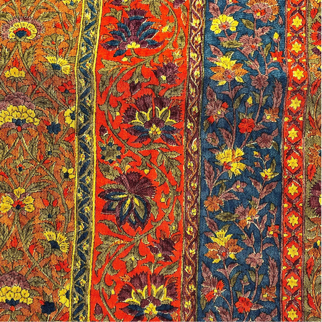 名古屋帯 縮緬 縞 花更紗模様 帯丈345cm 正絹 Sランク 全通 カジュアル 茶系 1124001722314  名古屋仕立て