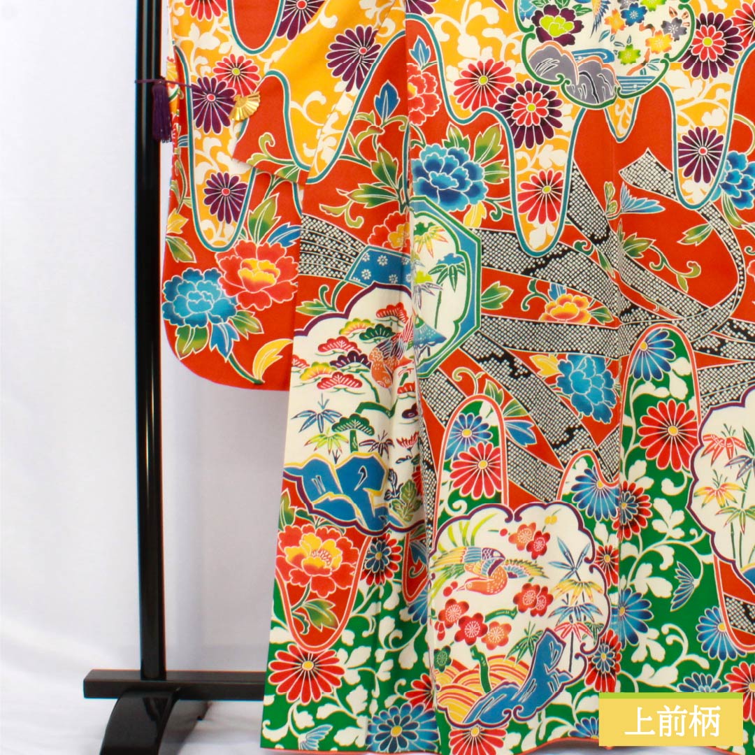 振袖 正絹 Aランク 身丈164cm 裄丈68cm 袷 銀朱色（ぎんしゅいろ） 京紅型 吉祥文様 松竹梅 橙系 1113002263426
