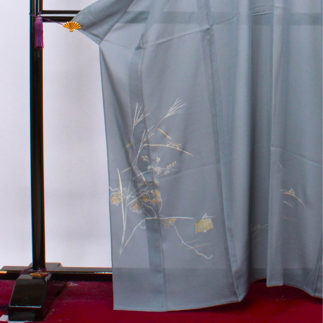 夏物 正絹 訪問着 身丈165cm 裄丈66.5cm 灰青色（はいあおいろ）鈴虫 ススキ 絽 Sランク グレー系 1132000052522