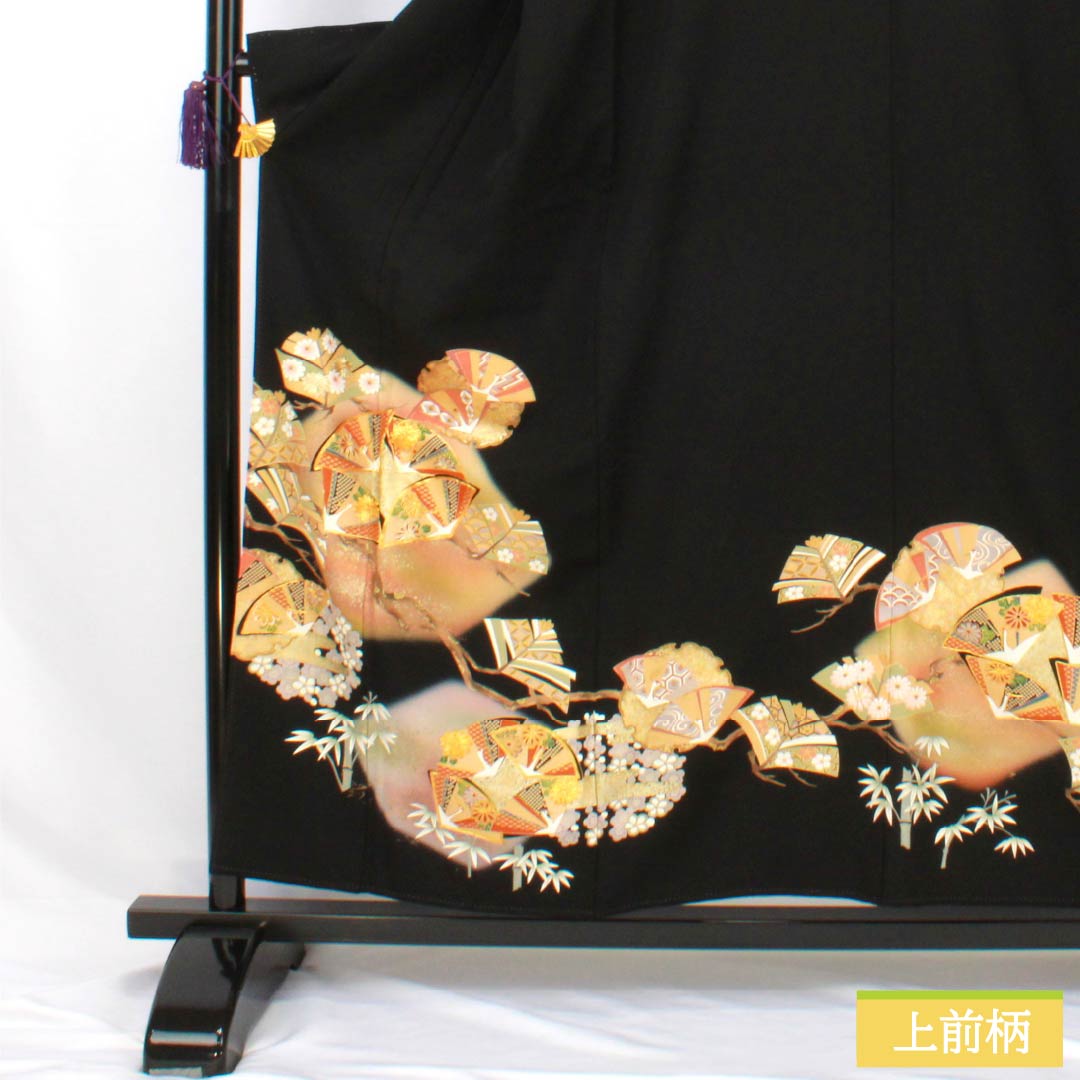 黒留袖 正絹 Aランク 身丈155.5cm 裄丈66.5cm 袷 京友禅 五つ紋 丸に木瓜 吉祥文様 金駒刺繡 鶴 五つ紋 黒系 1111001953310