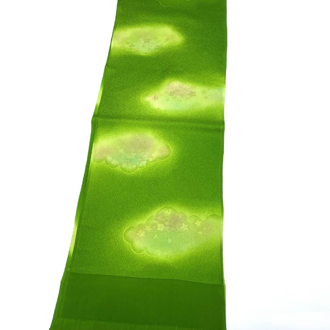 帯揚げ 正絹 Sランク セミフォーマル 柳緑色（りゅうりょくいろ） 雲取り 花 長さ約181cm 幅約28.5cm 緑系 1136004082919