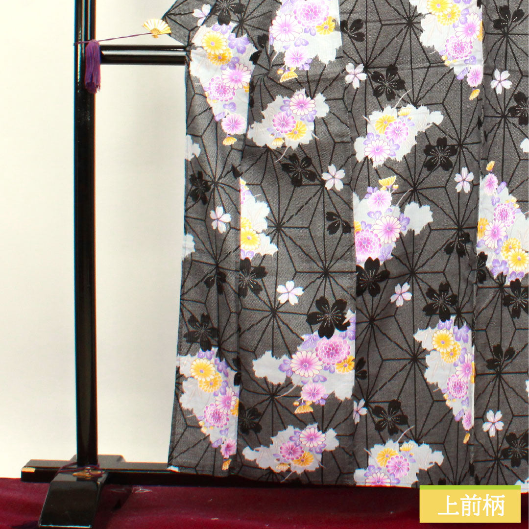 浴衣 木綿 身丈160cm 裄丈64cm Sランク 単衣 黒系 麻の葉 菊 桜 1118004532410