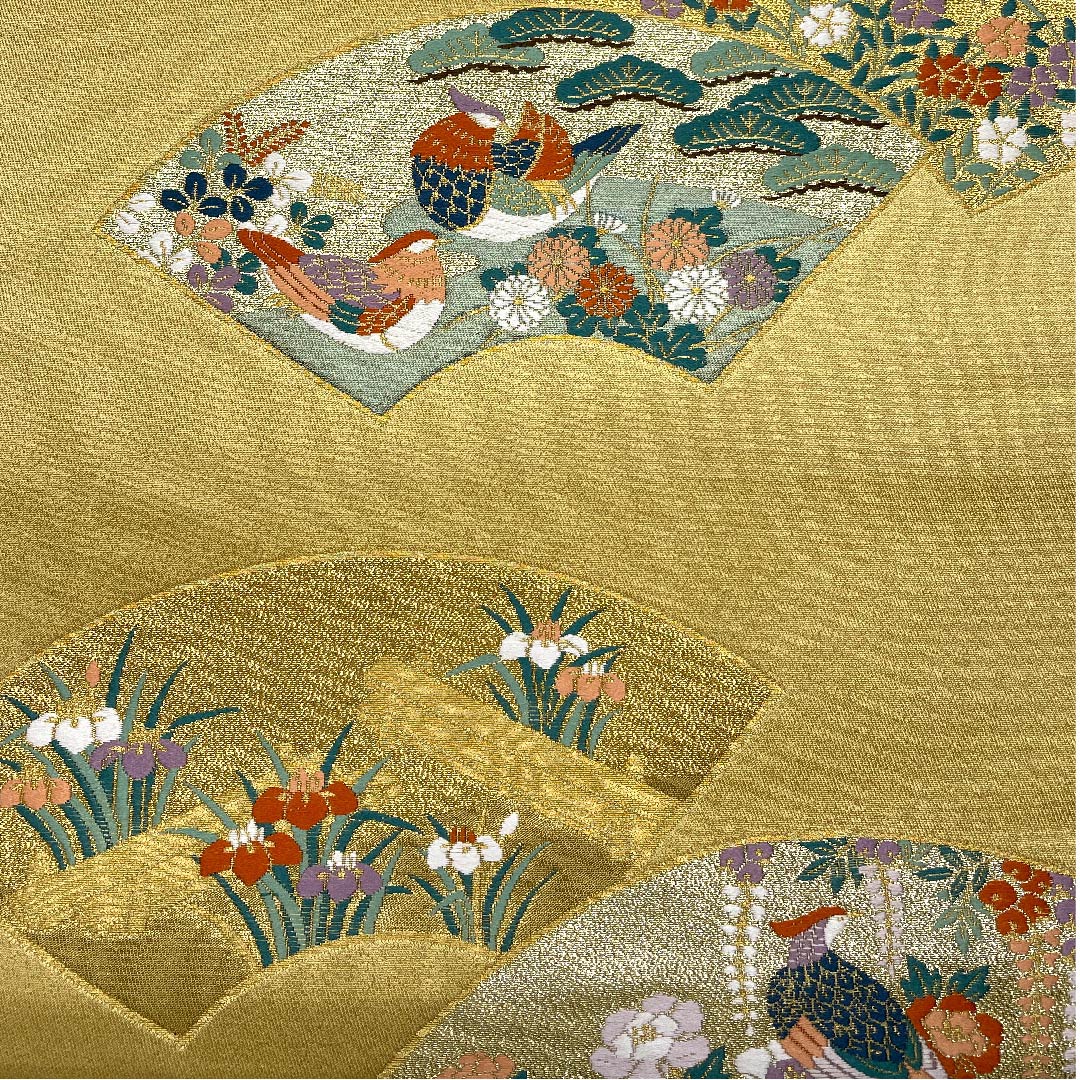 リサイクル着物】袋帯 麦藁色 古典 本金摺箔 二重織 扇面 鴛鴦 菊