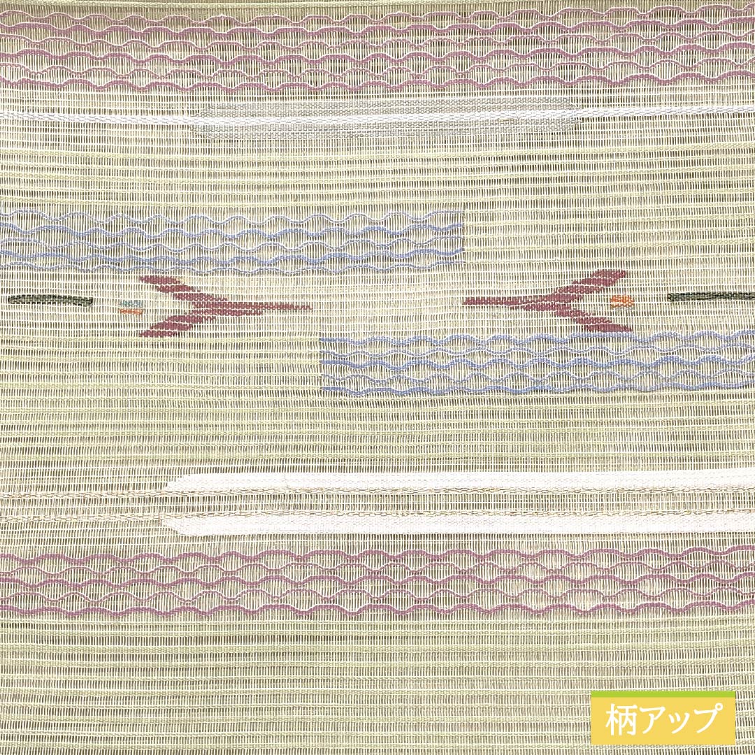 名古屋帯 硫黄色（いおういろ） 夏帯 櫛織 抽象模様 帯丈365cm 正絹 Sランク ポイント柄 カジュアル 緑系 1124008642319 松葉仕立て