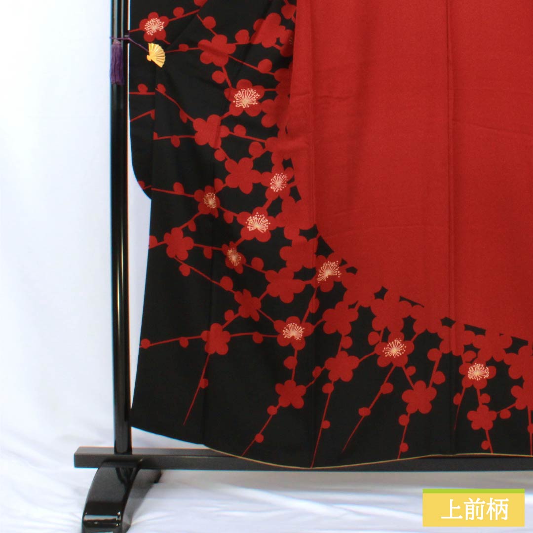 振袖 正絹 Aランク 身丈156.5cm 裄丈64cm 袷 生臙脂色（しょうえんじいろ） 京友禅 型染 梅 モダン さわやかガード 赤系 1113002943312
