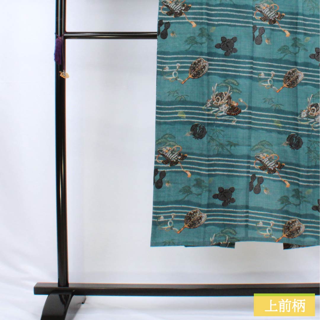 Men's wool nagajuban (long under-kimono), S-rank, length 138cm, sleeve length 65.5cm, indigo brown (aito-chairo) color, with a helmet, pine, and bamboo motifs, single-layer, blue-based design, product number 1140000742317