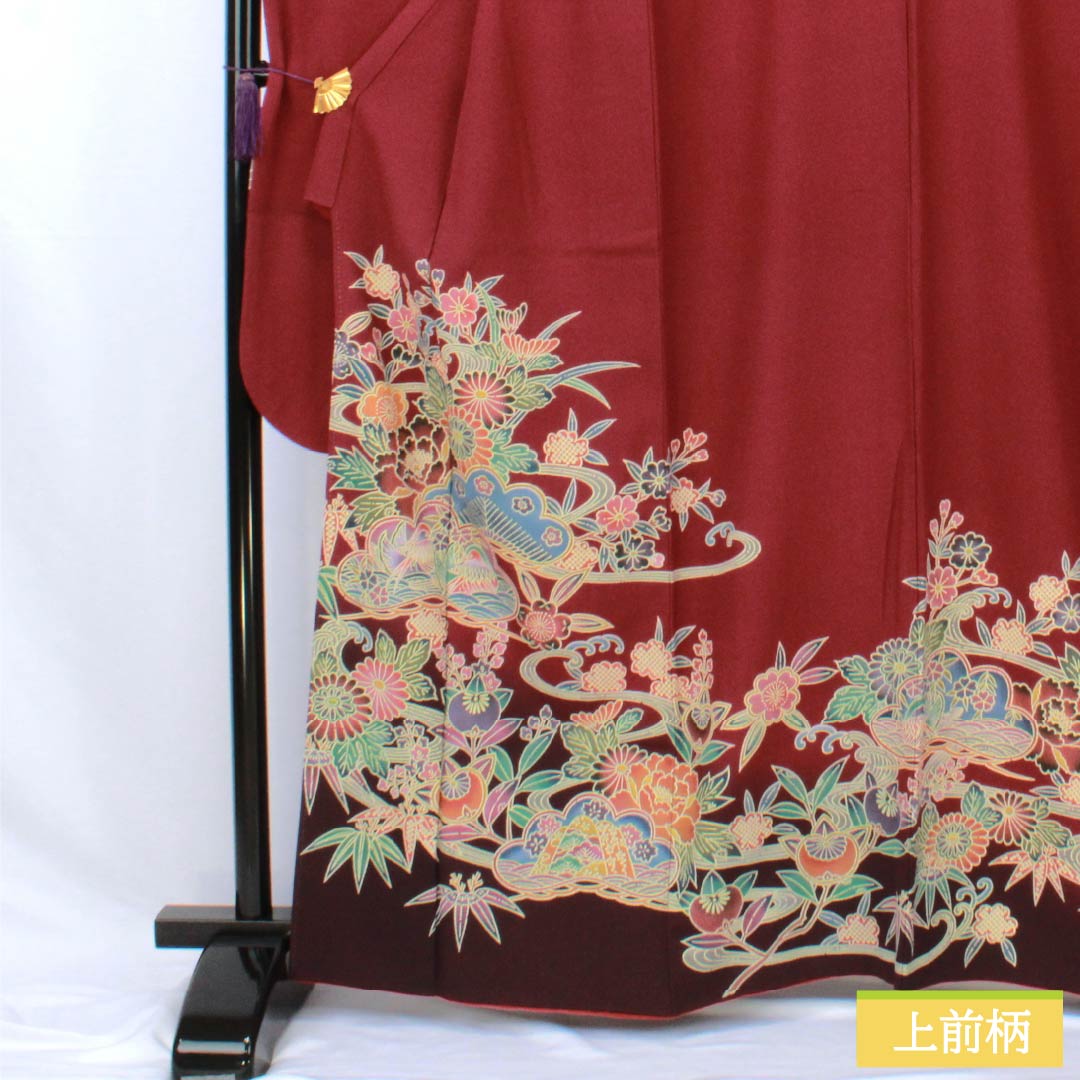 振袖 正絹 Sランク 身丈164cm 裄丈67cm 袷 臙脂色（えんじいろ） 京紅型 吉祥文様 ちりめん地 パールトーン加工 赤系 1113002492412