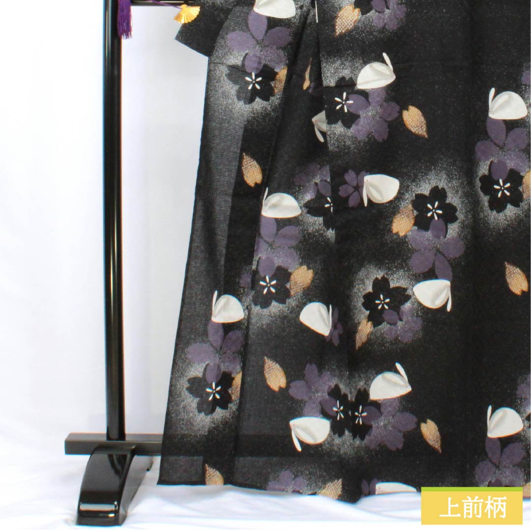 浴衣 木綿 身丈165.5cm 裄丈67.5cm Sランク 単衣 黒系 桜 雪うさぎ 1118006092510