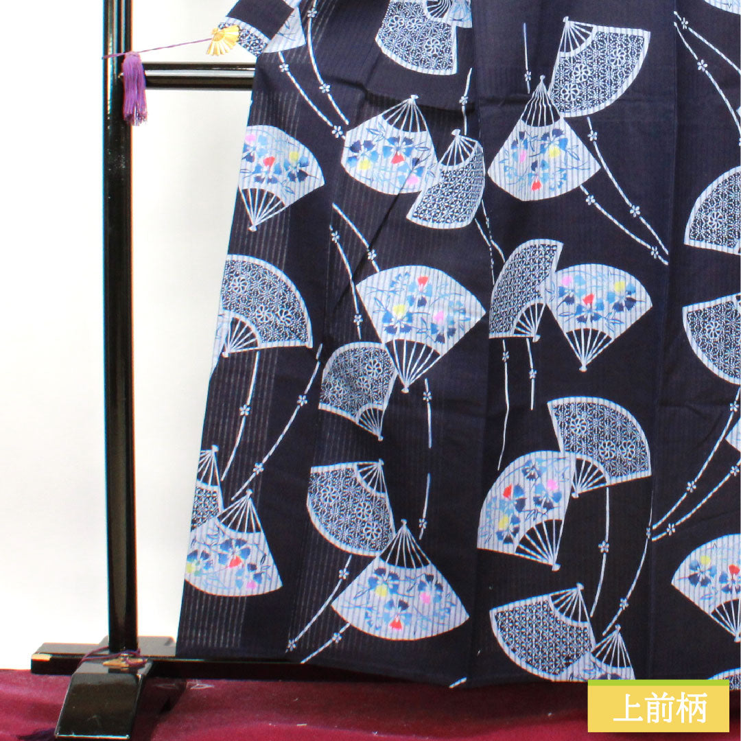 浴衣 木綿 身丈160cm 裄丈65.5cm Sランク 単衣 紺系 濃紺色（のうこんいろ） 扇子 草花模様  1118004522418