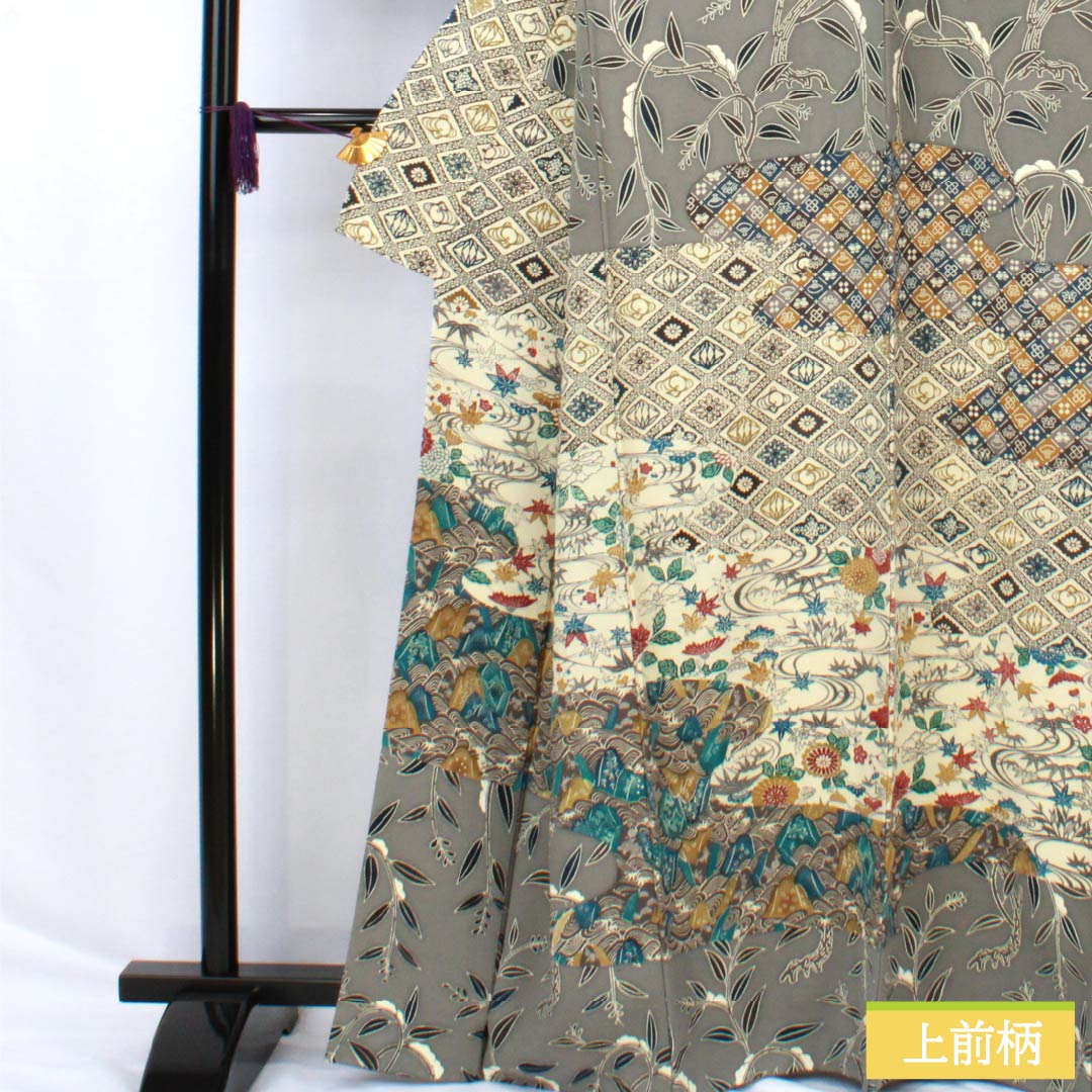 訪問着 正絹 Sランク 袷 身丈165.5cm 裄丈67.5cm 京紅型 紅型調 吉祥文様 グレー系 1112006742522