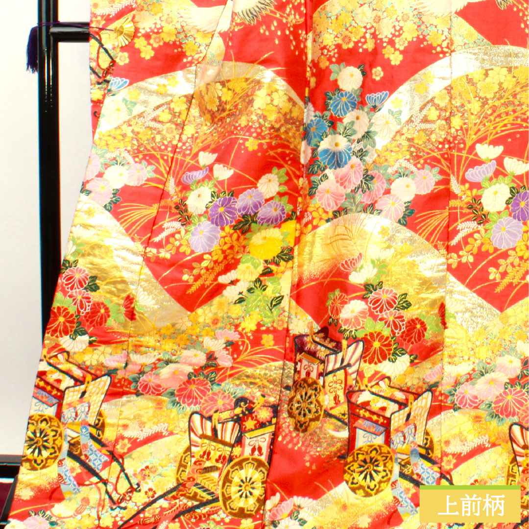 Colored uchikake, pure silk, length 188.5cm, sleeve length 67cm, crimson, Imperial carriage, auspicious motif, S rank, lined, red, 1110000792912
