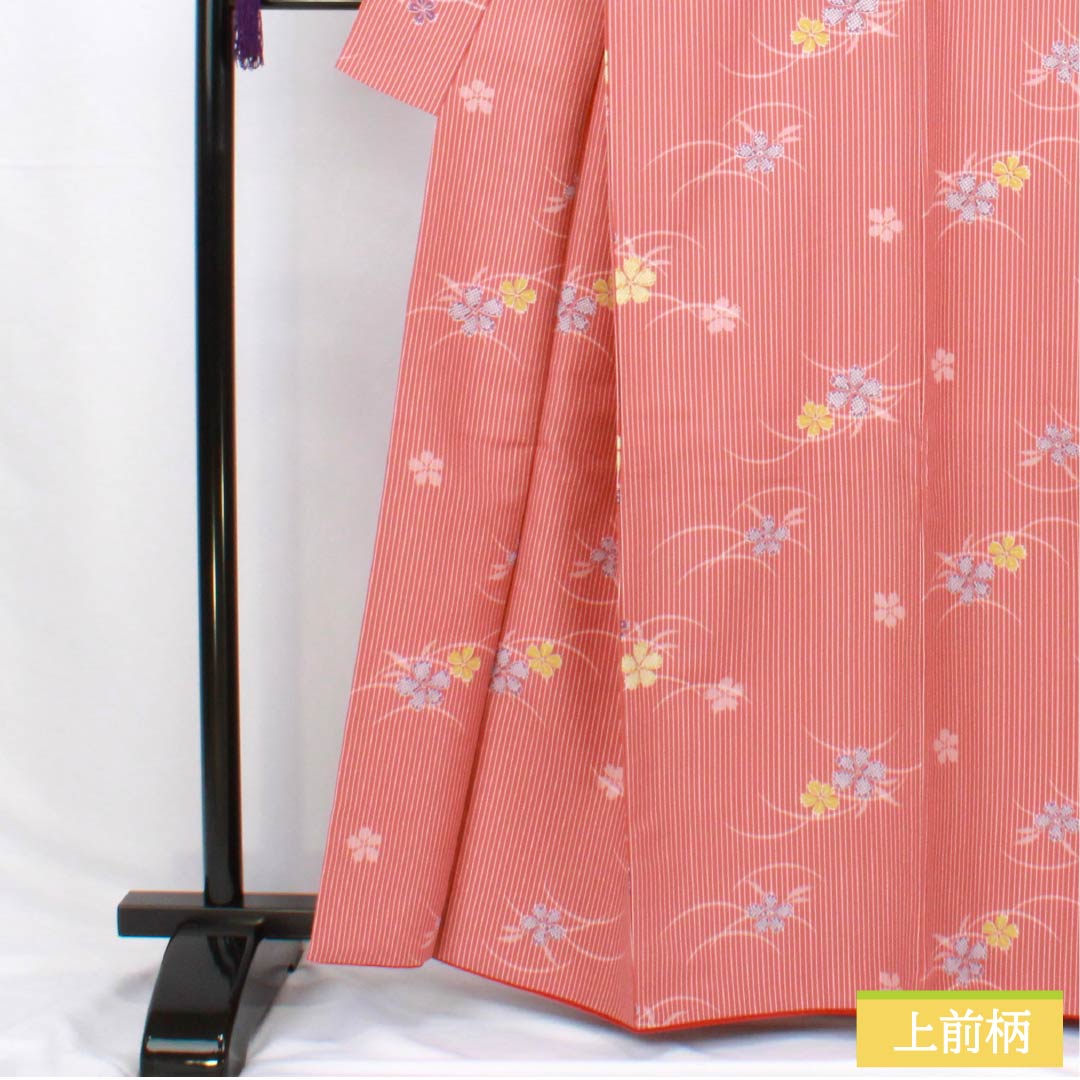 小紋 ポリエステル 身丈163cm 裄丈65cm 袷 似紅色（にせべにいろ） 露芝 小花 洗える着物 Aランク 赤系 1115005933412