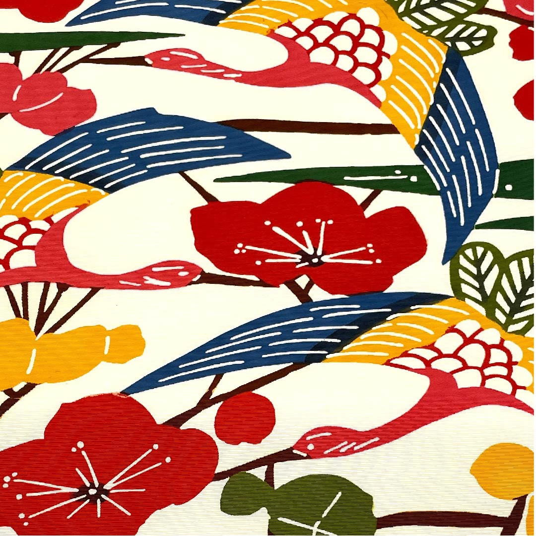 名古屋帯 乳白色色 型染 京紅型 鳥 花模様 帯丈353cm 正絹 Sランク 全通 カジュアル 白系 1124003592311  名古屋仕立て