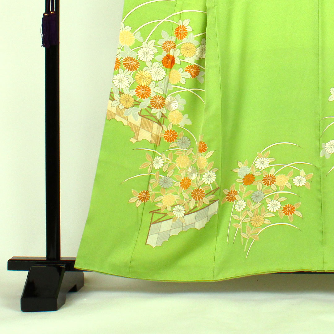 Homongi, lined, length 160cm, sleeve length 64cm, chrysanthemum, pure silk, S rank, green, 1112000332419