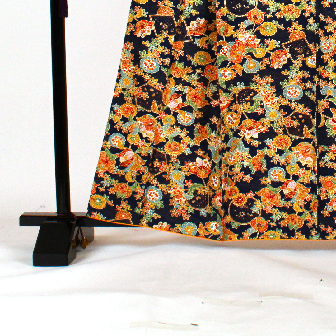 小紋 身丈162.5cm 裄丈63.5cm 袷  草花模様  正絹 Sランク 紺系 1115001422418