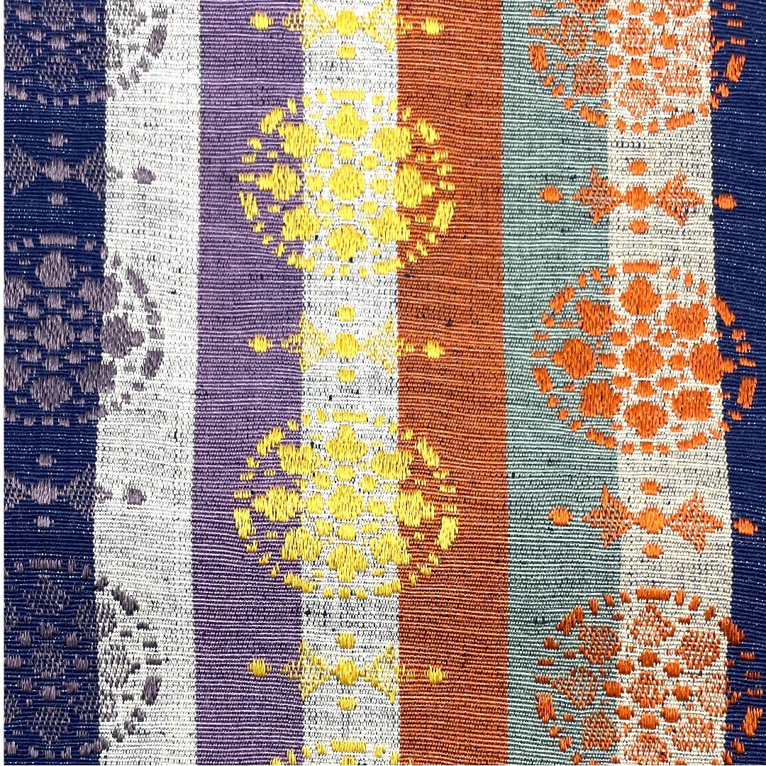 （未仕立）半幅帯 ポリエステル ストライプ 縞 丸に花 花柄 抽象模様 帯丈352cm グラデーション系 Sランク 1125001212399