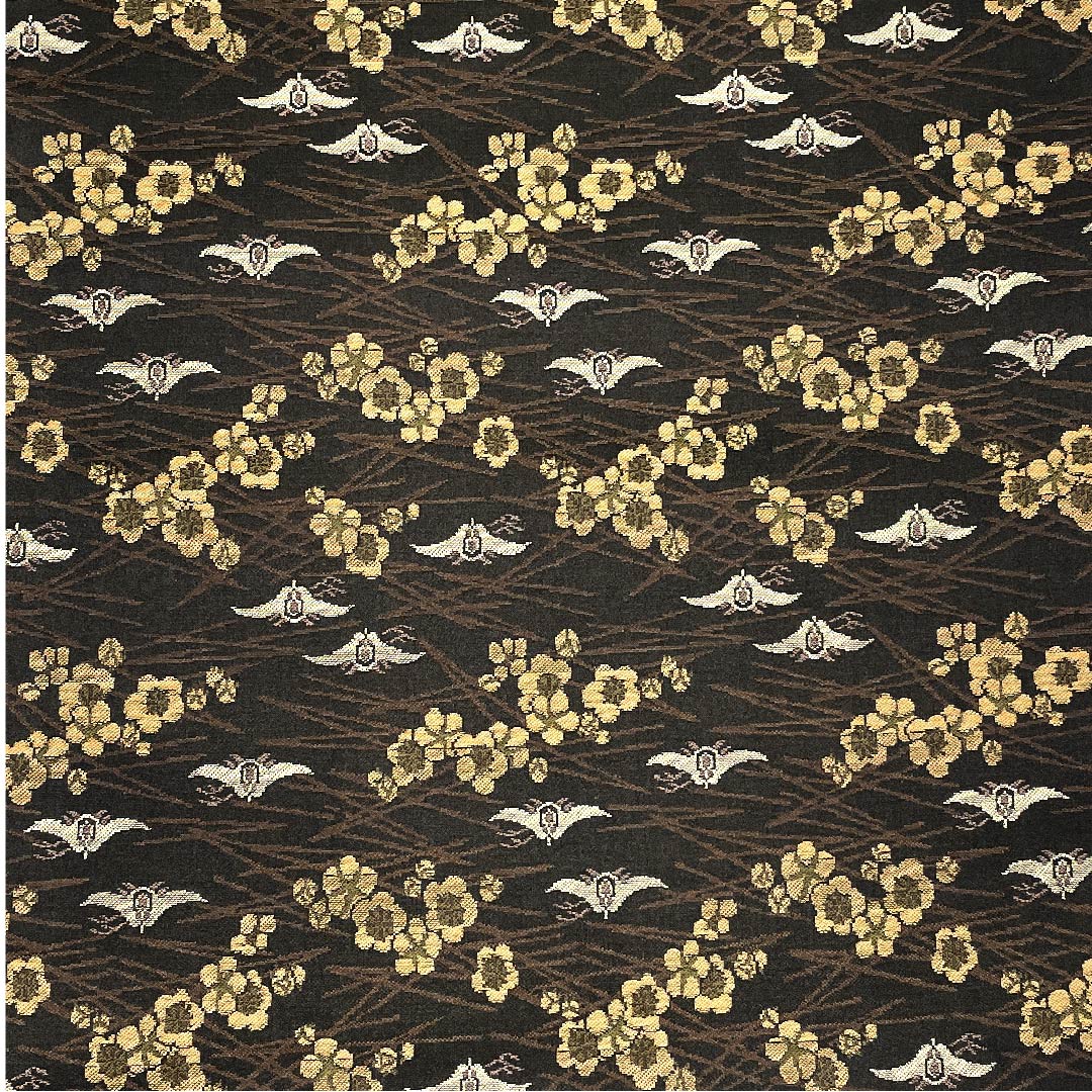 袋帯 黒色 松 梅 鳥 帯丈454cm 正絹 Sランク 全通 カジュアル 黒系 1123002852410