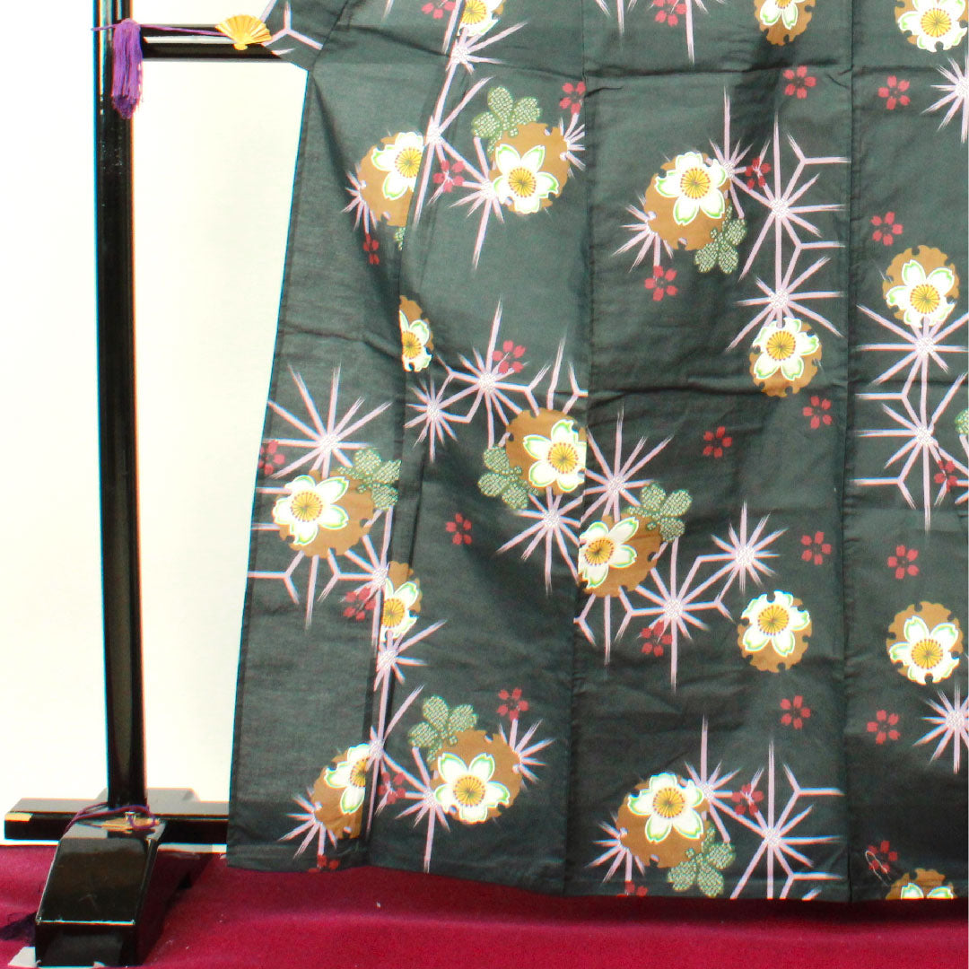 浴衣 雪輪 桜 麻の葉 木綿 Sランク 単衣 身丈164.5cm 裄丈64cm 黒系 1118002212410